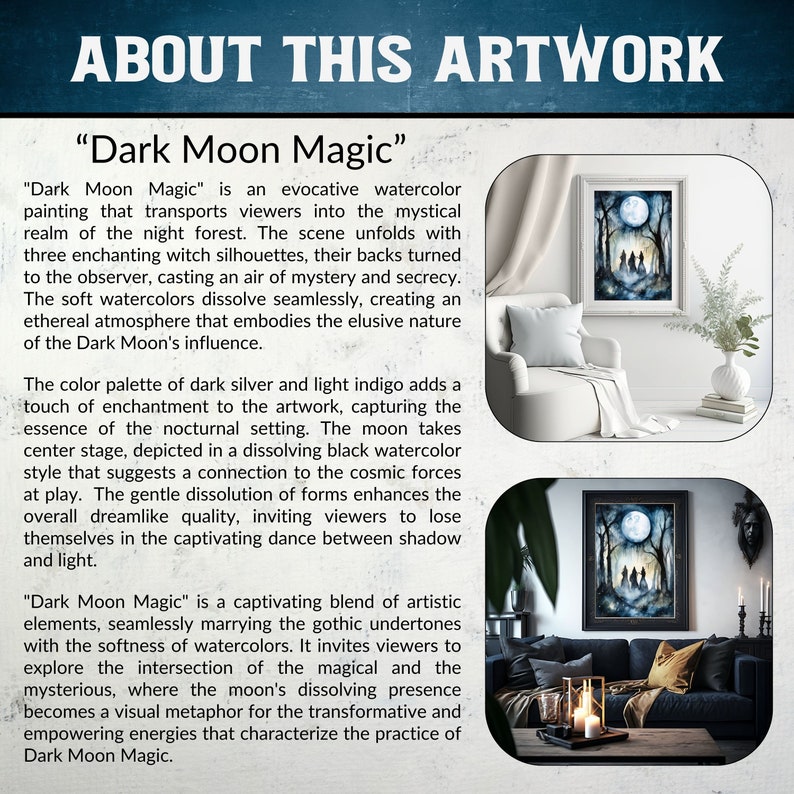 May include: A watercolor painting titled "Dark Moon Magic" depicts three figures silhouetted against a full moon in a dark forest. The painting has a dreamlike quality with soft colors and a dissolving effect.
