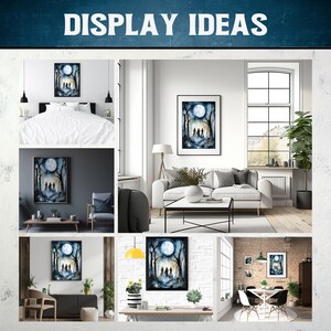 May include: A watercolor painting of three figures walking through a forest under a full moon. The figures are silhouetted against the moon and trees. The painting is framed in black and displayed in various home settings, including a bedroom, living room, and dining room.