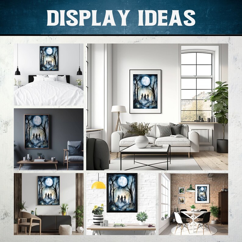 May include: A watercolor painting of three figures walking through a forest under a full moon. The figures are silhouetted against the moon and trees. The painting is framed in black and displayed in various home settings, including a bedroom, living room, and dining room.