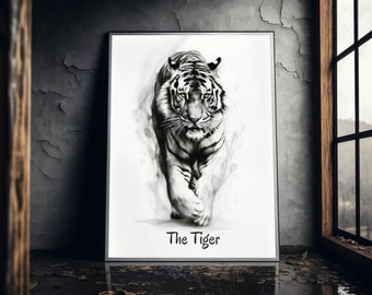 La impresión digital del tigre, arte del zodíaco chino, arte del tigre blanco y negro, signo del zodíaco del tigre, arte de la pared espiritual, decoración del zodíaco imprimible