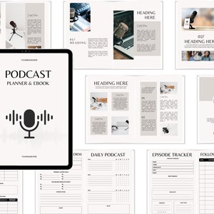 Op de afbeelding: Een digitale planner en e-book voor podcasters. De omslag toont een microfoonpictogram en de tekst "Podcast Planner & Ebook". De planner bevat secties voor dagelijks podcasten, afleveringstracking en volgertracking.