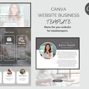 May include: A website template for bookkeepers, featuring a gray and white color scheme. The template includes a header with the text "CANVA WEBSITE BUSINESS TEMPLATE", a section with a photo of a woman and the text "HEY THERE! I AM Katie Smith", and a section with the text "LEAVE YOUR ACCOUNT WORRIES TO US, SO YOU CAN FOCUS ON GROWING YOUR BUSINESS. GET IT NOW!"