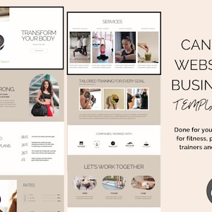 Op de afbeelding: Een website-sjabloon voor fitnessbedrijven, personal trainers en yogastudio's. Het sjabloon heeft een beige achtergrond met zwarte tekst en afbeeldingen van mensen die trainen. De tekst bevat "Transformeer je lichaam", "Word fit. Blijf sterk", "Aangepaste trainings- en voedingsplannen", "Training op maat voor elk doel", "Bedrijven waarmee we hebben samengewerkt", "Laten we samenwerken" en "Tarieven".