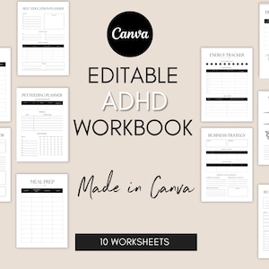 Op de afbeelding: Een digitaal werkboek voor mensen met ADHD, met 10 afdrukbare werkbladen. De werkbladen omvatten een maaltijdvoorbereidingsplanner, een zelfstudie-planner, een huisdier-voedings-planner, een zakelijk overzicht, een zakelijke strategie, een reis-bucketlist, een energiemeter, een yogadagboek en een plan om dromen te realiseren. Het werkboek is gemaakt in Canva en is bewerkbaar.