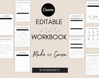 May include: A digital workbook for people with ADHD, featuring 10 printable worksheets. The worksheets include a meal prep planner, a self education planner, a pet feeding planner, a business overview, a business strategy, a travel bucket list, an energy tracker, a yoga journal, and a reaching dream plan. The workbook is made in Canva and is editable.