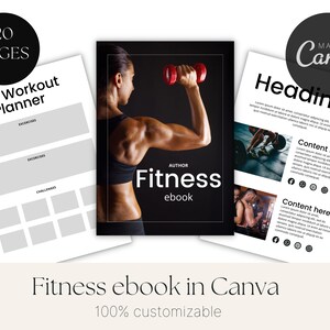 Könnte beinhalten: Eine schwarz-weiße digitale Fitness-Ebook-Vorlage mit 20 Seiten. Das Cover zeigt eine Frau, die eine rote Hantel hebt, mit dem Text "Fitness ebook" und "Autor" auf schwarzem Hintergrund. Die Innenseiten enthalten einen Trainingsplaner mit Abschnitten für Übungen und Herausforderungen. Die Vorlage ist anpassbar und wurde in Canva erstellt.