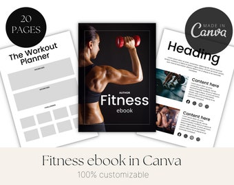 May include: A black and white digital fitness ebook template with 20 pages. The cover features a woman lifting a red dumbbell with the text "Fitness ebook" and "Author" on a black background. The interior pages include a workout planner with sections for exercises and challenges. The template is customizable and made in Canva.