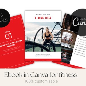 Op de afbeelding: Een rode en witte ebook-omslag met de titel "E-BOOK TITLE" en de tekst "18 PAGINA'S" in een zwarte cirkel. De omslag toont een vrouw die traint met een battle rope in een sportschool. De ebook is gemaakt met Canva.