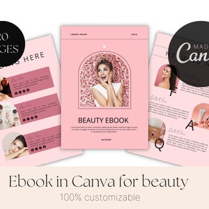 Op de afbeelding: Een roze en witte ebook-omslag met de titel "BEAUTY EBOOK" en een foto van een vrouw met bloemen in haar haar. Het ebook is 20 pagina's lang en is gemaakt in Canva.