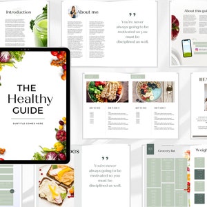 Puede incluir: Una tableta digital que muestra una portada verde y blanca con el texto "THE Healthy GUIDE" y el subtítulo "SUBTITLE COMES HERE". La portada está rodeada por un borde de frutas y verduras coloridas.