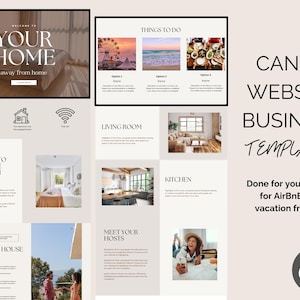 Könnte beinhalten: Eine Canva-Website-Business-Vorlage für Airbnb und Ferienwohnungen. Das Design umfasst Abschnitte für "Willkommen", "Dinge zu tun", "Wohnzimmer", "Küche" und "Treffen Sie Ihre Gastgeber". Die Vorlage ist in einer neutralen Farbpalette gehalten.