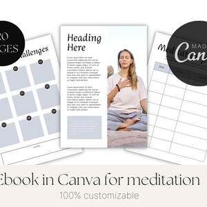 Op de afbeelding: Een 20 pagina's tellend e-boek voor meditatie gemaakt in Canva. Het e-boek bevat een sectie voor uitdagingen, een sectie voor dagelijkse meditatieplanning en een sectie voor notities. Het e-boek is 100% aanpasbaar.