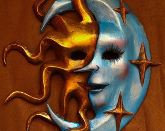 May include: A decorative wall mask featuring a dual-faced design. One side is a metallic gold sun with wavy rays, while the other is a light blue crescent moon with painted facial features and three dimensional gold star accents.