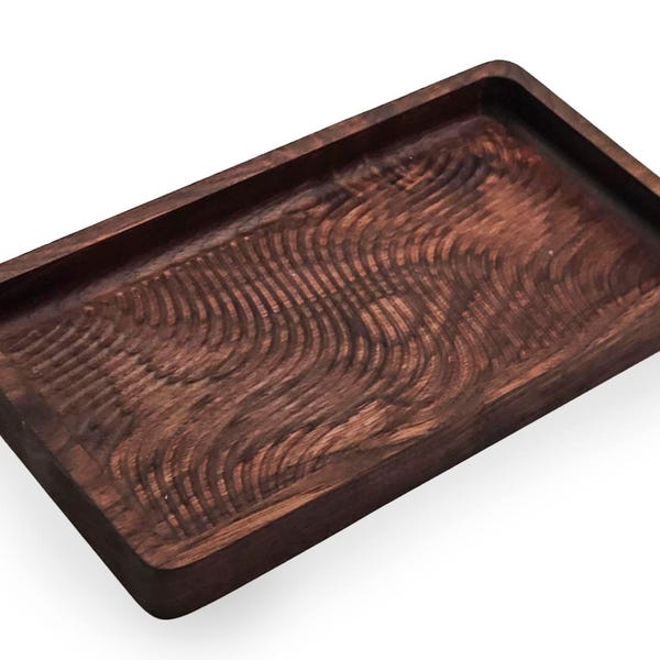 Wood Valet Tray, Engraved Wavy Pattern Desk Organizer