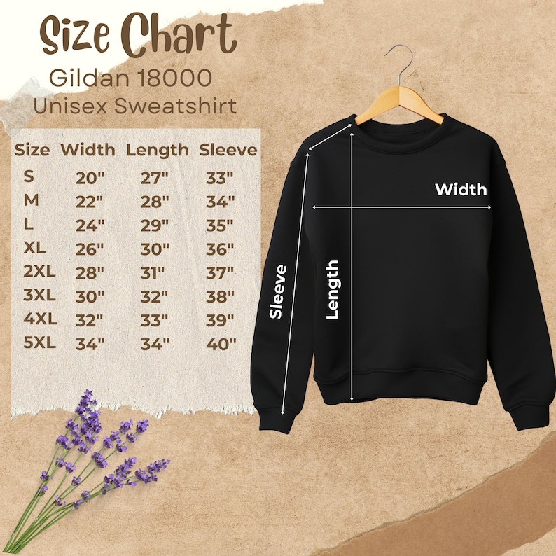 May include: Size chart for a Gildan 18000 unisex sweatshirt. The chart shows the width, length, and sleeve length in inches for sizes S through 5XL.