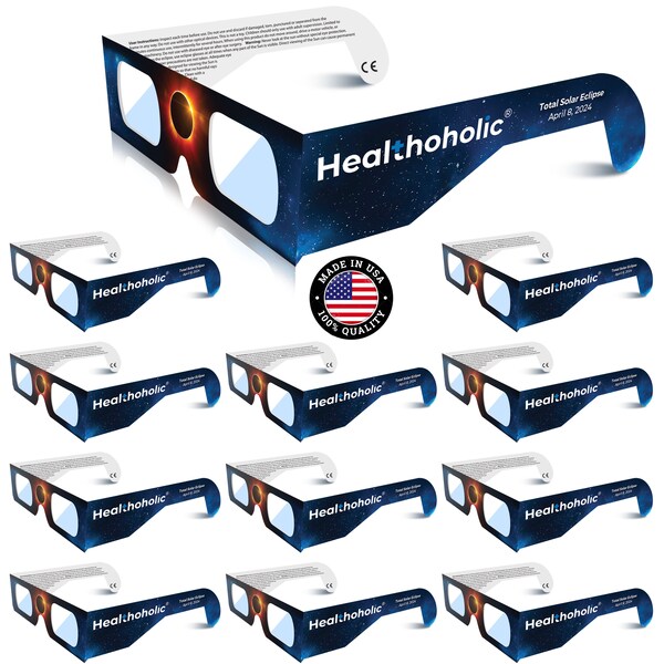 Healthoholic 12 Pack Solar Eclipse Glasses CE and ISO Certified Direct Sun View Safe Eye Protection - Made in USA (12 Pack)