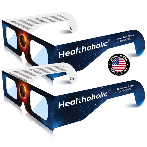 Healthoholic 2 Pack Solar Eclipse Glasses CE and ISO Certified Direct Sun View Safe Eye Protection - Made in USA (2 Pack)