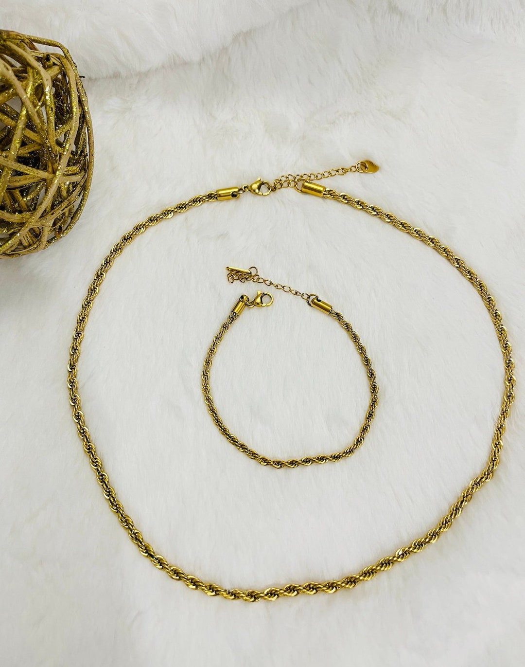 Rope Chain Jewelry Set With 1 Bracelet and 1 Necklace Dainty Twist Chain Jewelry 14k Gold Plated