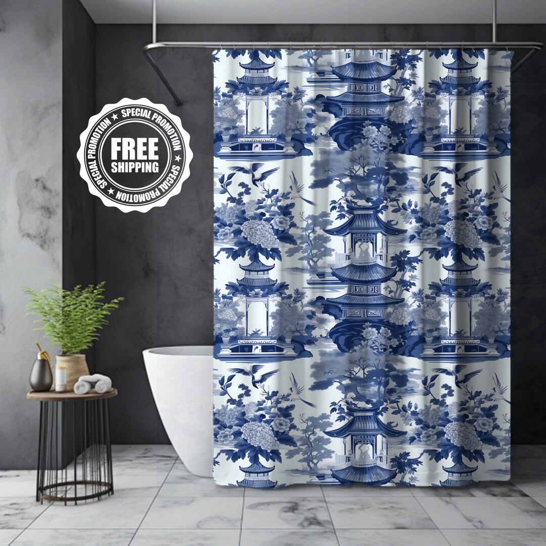 Blue Bohemian Shower Curtain Cottage Core Floral Shower Curtain Asian Chinoiserie Shower Curtain