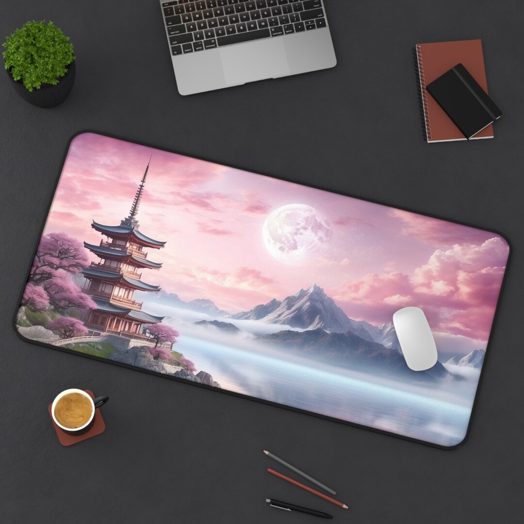 Japanese Desk Mat, Pink Japanese Decor, Desk Pad, Large Desk Mat, Anime