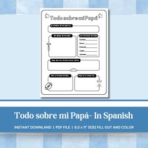 Todo Sobre Mi Papá – Tudo sobre meu pai | Dia dos Pais para imprimir em espanhol para crianças | Download instantâneo | Atividade para educação domiciliar