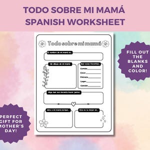 Todo sobre mi mamá - Hoja de trabajo imprimible para el Día de la Madre para niños en español / Actividad divertida y significativa de agradecimiento a la mamá / Descarga instantánea