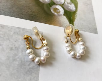 Pendientes de novia de aro dorados con clip de perlas de agua dulce, pendientes de perlas con clip, delicados pendientes de perlas para uso diario, pendientes de novia, regalo de dama de honor