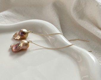 Baroque Pearl Threader Earrings Gold Filled Purple Gold Drop Earrings Long Pearls Dangle Earrings Statement Jewelry Gift for Her OOAK Pearl