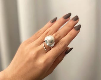 Large Baroque Pearl Statement Ring, Adjustable Baroque Cocktail Ring, S925 Sterling Silver OOAK Jewelry