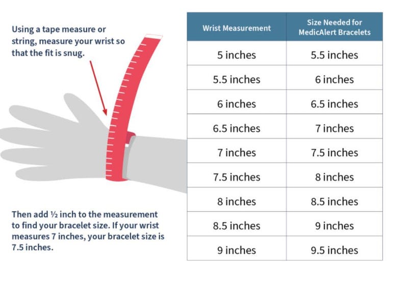 Peut inclure: Un tableau montrant les mesures du poignet en pouces et la taille de bracelet correspondante n&eacute;cessaire pour les bracelets MedicAlert. Le tableau est accompagn&eacute; d'une illustration d'une main avec un m&egrave;tre ruban autour du poignet.