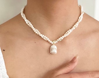Baroque Pearl Pendant Keshi & Flat Round Pearl Beads Double Strands Handcrafted Necklace, Nature Baroque Bridal Necklace,Wedding Jewelry