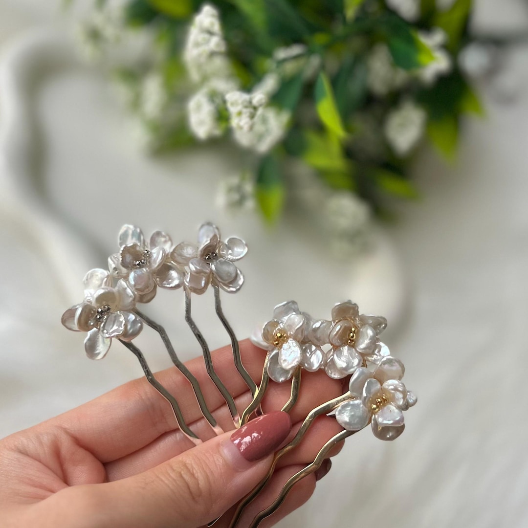 Bridal Hair Comb, Gold Floral Wedding Hairpiece, Silver Freshwater Pearl Pin