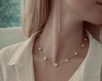 Minimalistische parelsieradenset, sterlingzilveren oorbellen en barokke ketting