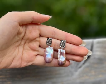 Baroque Pearl Silver Earrings, Nature Purple Baroque Pearl Earrings, Baroque Stud, Freshwater Pearl Earrings,Bridal Earrings,Wedding Jewelry