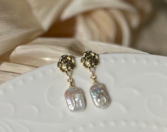 Nuture Baroque Pearl Earrings, White Baroque Pearl Earrings, Baroque Earrings, Freshwater Pearl Earrings, Bridal Earrings,Wedding Jewelry