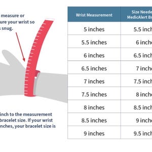Puede incluir: Un gr&aacute;fico que muestra las medidas de la mu&ntilde;eca en pulgadas y el tama&ntilde;o correspondiente necesario para las pulseras MedicAlert, tambi&eacute;n en pulgadas. El gr&aacute;fico est&aacute; acompa&ntilde;ado por una ilustraci&oacute;n de una mano con una cinta m&eacute;trica alrededor de la mu&ntilde;eca.