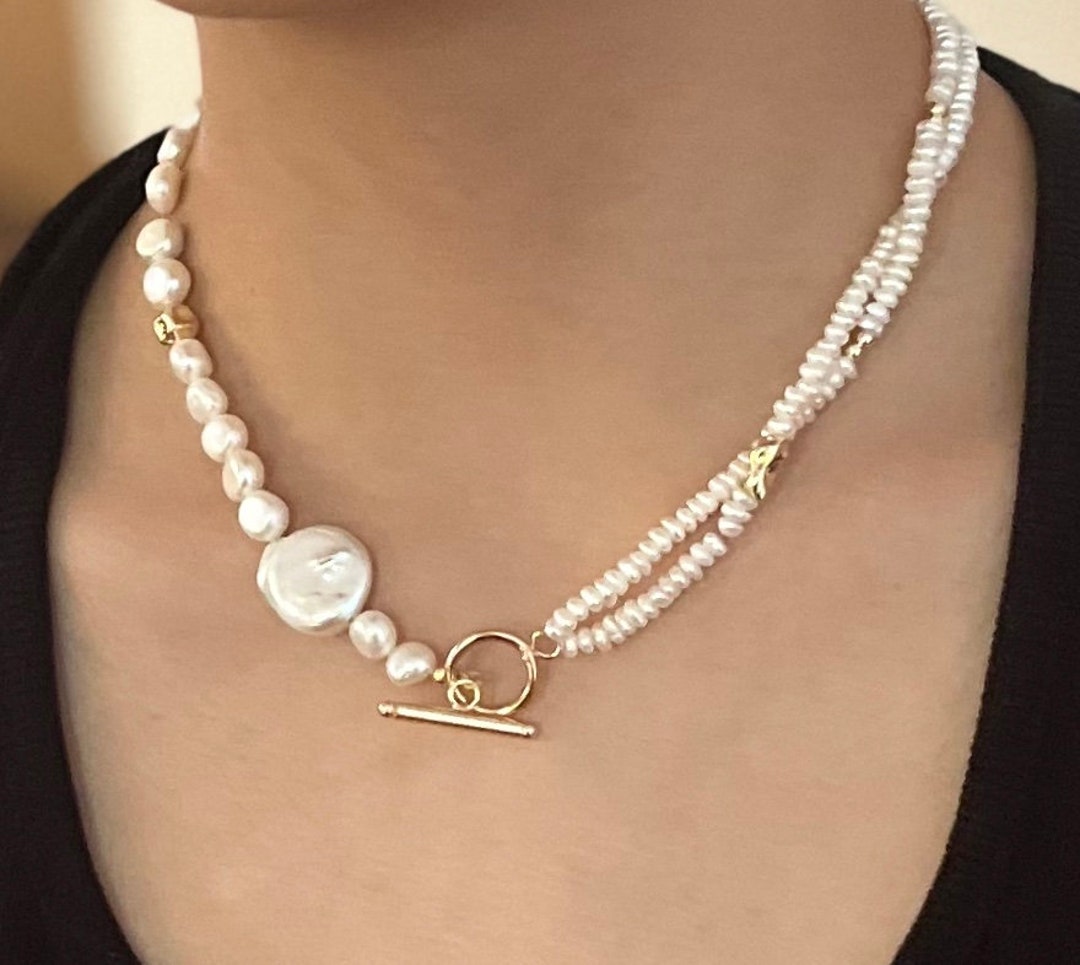 Freshwater Nugget Pearl Thick Flat Coin Kishi Pearl Necklace