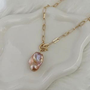 大きなパープルバロックパールネックレス、大胆なゴールドチェーンステートメントネックレス、OOAK淡水パールジュエリー Option B
