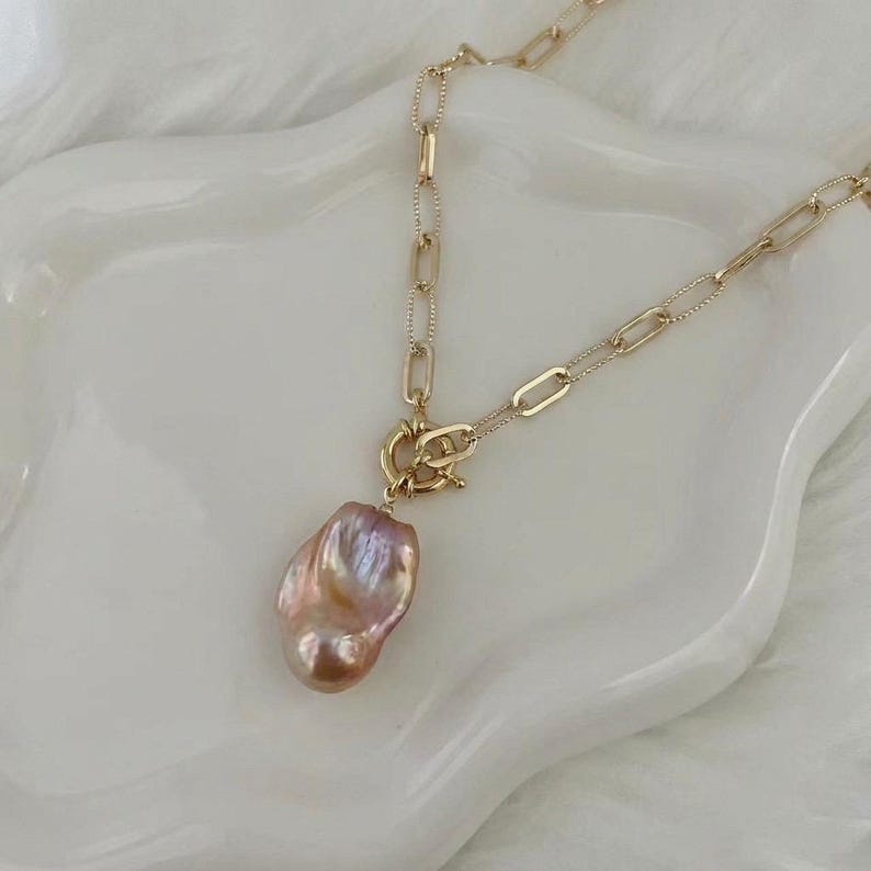 大きなパープルバロックパールネックレス、大胆なゴールドチェーンステートメントネックレス、OOAK淡水パールジュエリー Option B