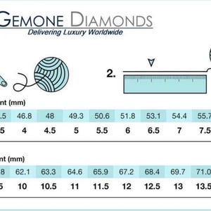 May include: A chart showing ring sizes in millimeters and corresponding US ring sizes. The chart includes two rows of measurements, with the first row ranging from 44.2 mm to 58.2 mm and the second row ranging from 59.5 mm to 73.5 mm. The corresponding US ring sizes are listed below each measurement.