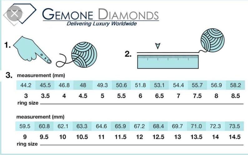 May include: A chart showing ring sizes in millimeters and corresponding US ring sizes. The chart includes two rows of measurements, with the first row ranging from 44.2 mm to 58.2 mm and the second row ranging from 59.5 mm to 73.5 mm. The corresponding US ring sizes are listed below each measurement.