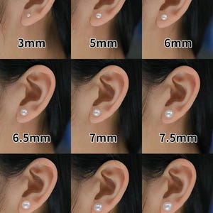 Peut inclure: Neuf images de boucles d'oreilles en perles, de tailles diff&eacute;rentes, allant de 3 mm &agrave; 9 mm. Chaque boucle d'oreille est port&eacute;e sur une oreille et &eacute;tiquet&eacute;e avec sa taille en millim&egrave;tres.