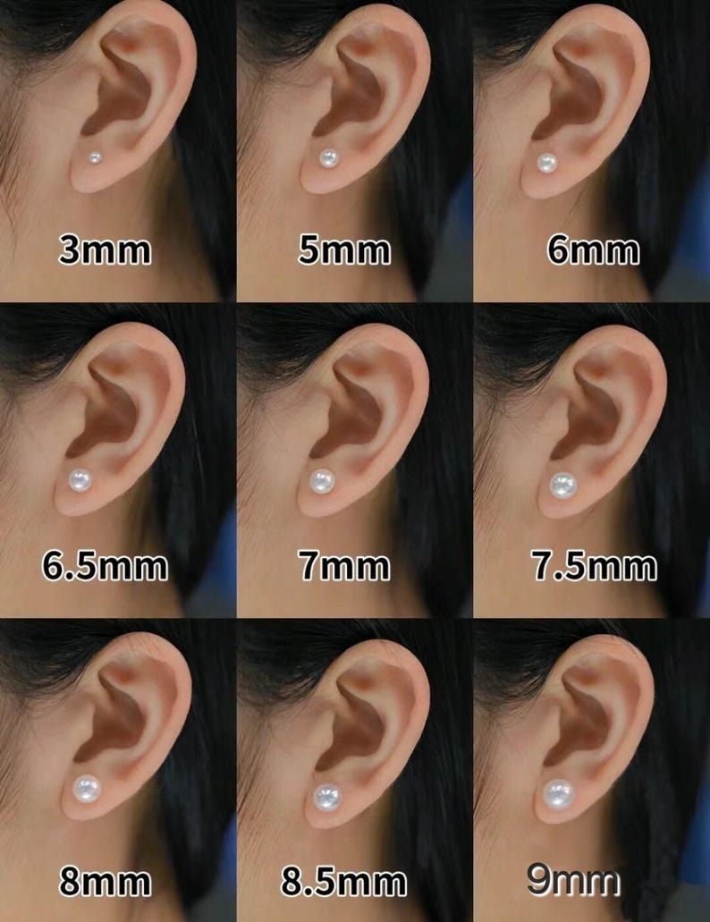Peut inclure: Neuf images de boucles d'oreilles en perles, de tailles diff&eacute;rentes, allant de 3 mm &agrave; 9 mm. Chaque boucle d'oreille est port&eacute;e sur une oreille et &eacute;tiquet&eacute;e avec sa taille en millim&egrave;tres.