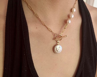 Gold Paperclip Chain Pearl Necklace: Baroque Toggle Clasp