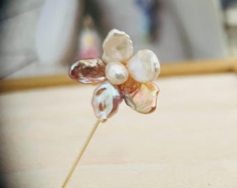 Nature Pearl Blossom Pin Brooch, Freshwater Baroque Flower Pin, Elegant French Floral Wedding Jewelry