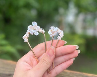Handmade Pearl Hair Pin Set, Bridal U-Pin, Statement Floral Wedding Accessories, Boho Headpieces, Gold Hair Fork