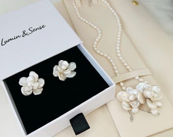 Freshwate Baroque Flower Sterling Silver Necklace Earrings Set, Freshwater Pearl Floral Necklace, Statement Earrings, Wedding Jewelry