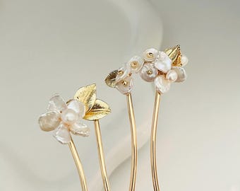 Pearl Flower U-Shaped Pin, Handmade Bridal Hair Clip, Freshwater Pearl Hairpiece