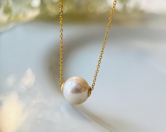 Adjustable Pearl Slider Necklace Floating Pearl Necklace Minimalist Freshwater Pearl Jewelry Laying Necklace Bridesmaid Gift for Girlfriend