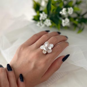 Baroque Pearl Flower Ring Adjustable Sterling Silver Floral Ring Bridal Statement Ring Wedding Jewelry Gift for Her Nature Inspired Jewelry